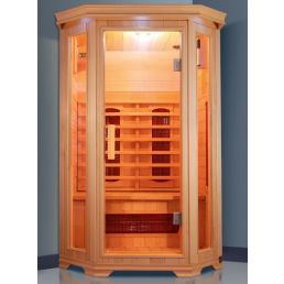Infrared sauna for four, dimensions 1500x650x1200x1900 mm, made of light wood, with glass doors and windows.