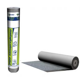Gray self-adhesive roll roofing material, packaged in a blue and white tube, dimensions 1x5 meters.