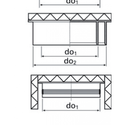 Ritningarna visar installationsalternativ för en isolerad ventilationskåpa i olika konfigurationer, med måtten do1 och do2.
