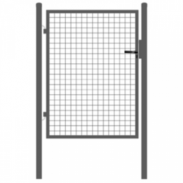 Gray pedestrian gate, 1000 mm wide, with a mesh design and door that swings to the left.