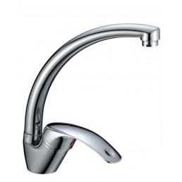 Kitchen faucet with a swan neck and chrome finish, featuring a single handle for temperature control.