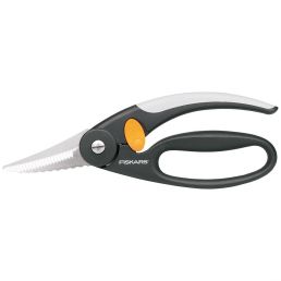 22 cm Fiskars FF fishing scissors with gray handles and orange details.