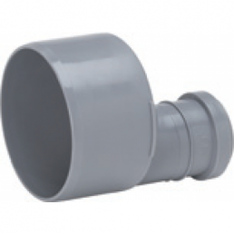 Gray sewer transition fitting with a wide connection end and a tapering connector.