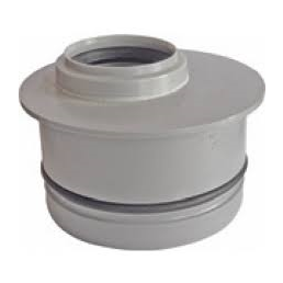 Gray plastic transition fitting for connecting to a vertical sewage pipe.