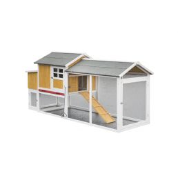 Hönshus med dimensionerna 230x90x115,3 cm, med två sektioner och en slät ramp.