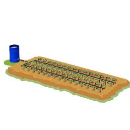 Illustration av ett växthusbevattningssystem med en blå vattentunna och en lång rad växter på en upphöjd bädd.