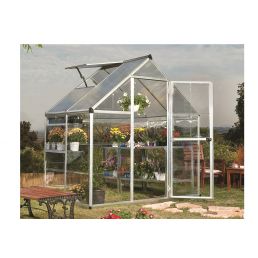 Växthus Hybrid, yta 2,33 m², tillverkat av aluminium och polykarbonat, med ett takfönster och en öppningsbar dörr.