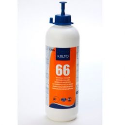 White plastic bottle with a blue pump, the label has an orange background with the text 'Kiilto 66'.