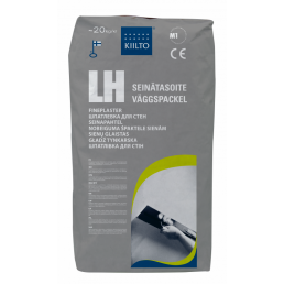 20 kg halli värvi Kiilto LH seinapahtli kott, mõeldud sisekrohvimiseks, pakendil on selgelt nähtavad tooteinfo ja kasutusjuhend.