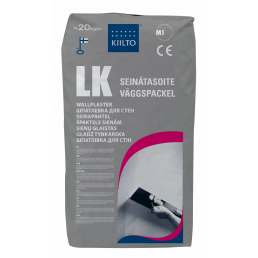 20 kg halli Kiilto LK seinapahtli kott, mõeldud seinapahteldamiseks, pakendil on toote kasutusjuhend ja spetsifikatsioonid.