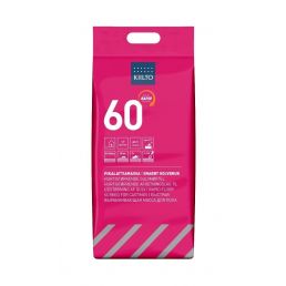 Pinkki 20 kg:n pakkaus Kiilto 60 lattiamassaa, jossa on valkoiset raidat ja tuotetietoja usealla kielellä.
