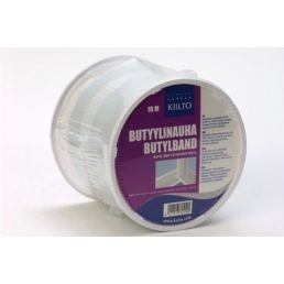 Transparent butyltejp på rulle, storlek 10 cm x 20 m, med lila etikett som har text och instruktioner.