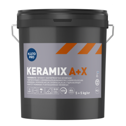 Svart 5 kg Kiilto Keramix A+X tätningsmastik för utomhusbruk, grått lock med orange-gula ränder.