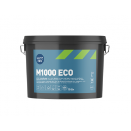 Musta 10 litran ämpäri Kiilto M1000 ECO lattia- ja seinäliimalla. Sisältää keltaisia ja harmaita elementtejä sekä eestinkielistä tekstiä.