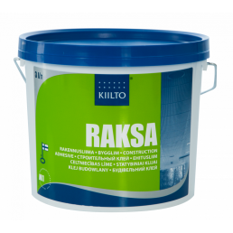 Blå 5-liters hink med en grön etikett och texten 'RAKSA', avsedd för konstruktionslim.