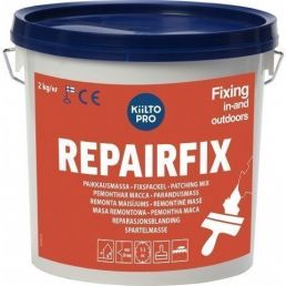 Sinine ja oranž ämber, millel on valge ja punane tekst. Märgitud Kiilto RepairFix, tsementbaasiline parandusmass välitingimustes kasutamiseks.