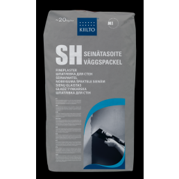 20 kg grå Kiilto fukttät väggspackel förpackning, avsedd för inomhusbruk. Produkten har tydlig etikettering med egenskaper och bruksanvisning.