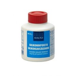 Valge 100 ml pudel silikoonieemaldajaga, punase keeratava korgiga. Sildil on tekst 'Kiilto Silikoninpoisto'.