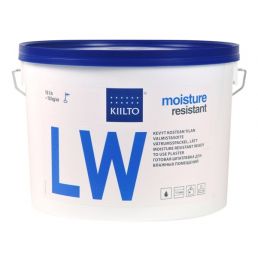 Valge ja sinise värvusega Kiilto LW niiskuskindel valmispahtel 10 l ämbris.