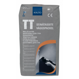 Gray package with Kiilto logo, text 'wall plaster', image of a hand applying plaster to a wall, weight information, and certifications, approximately 20 kg.