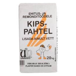 Vit 20 kg påse med gipsspackel och orange och svarta detaljer. Texten 'För bygg- och renoveringsarbeten' och en serietecknad figur visas.