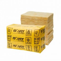 Keltaisia Isover lasivillapakkauksia, kooltaan 870x565 mm, pakattu keltaiseen muoviin, jossa mustalla painettu yrityksen logo ja tuotetiedot.