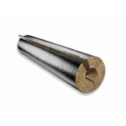 30mm tjock Knauf Thermo-Tek PS Eco Alu rörisolering med silverfärgat aluminiumomslag visar isoleringsmaterialet.
