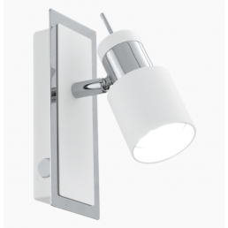 Valkoinen LED-kohdevalaisin, jossa on kromattu jalusta ja säädettävä valaisinpää.