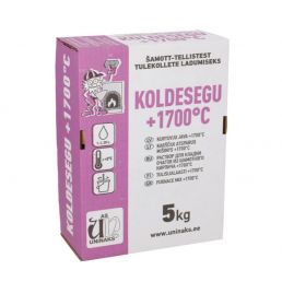 White and purple rectangular 5 kg box of Uninaks furnace mix with printed temperature resistance, icons, and text.