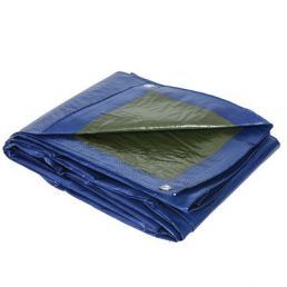 Blå, stortäckande presenning med metallringar längs kanterna. Storlekar varierar från 15m2 till 168m2.