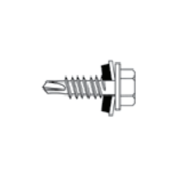 Kuvassa on kuusikulmainen sinkitty peltiliitosruuvi, jossa on porakärki, kierre ja integroitu aluslevy, koko 4,8x23 mm.