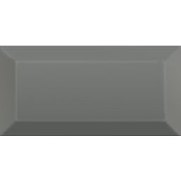Dark gray, rectangular, glossy ceramic wall tile with beveled edges, measuring 10x20 cm.
