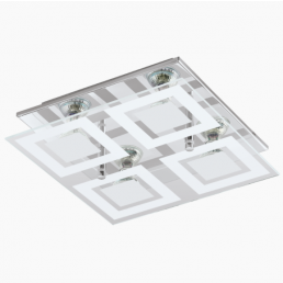 LED-taklampa Almana 4x3W GU10, fyrkantig, med fyra vita ramar och kromfinishade reflektorer.