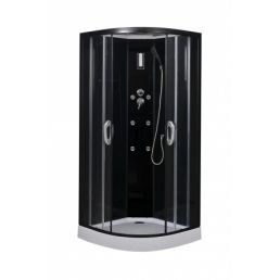 A black shower cabin, measuring 90x90x215 cm, featuring two transparent sliding doors and equipped with multiple shower heads.