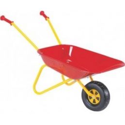 Red children's wheelbarrow with yellow wheels and a yellow handle frame.