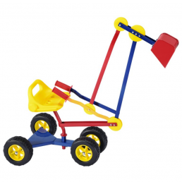 Colorful sandbox excavator on wheels, featuring a yellow seat, a red bucket, and a blue frame.