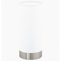 Valge lauavalgusti 'Pasteri', 1x40W E27, kombineeritud läbipaistva silindrikujulise varju ja metallist alusega.