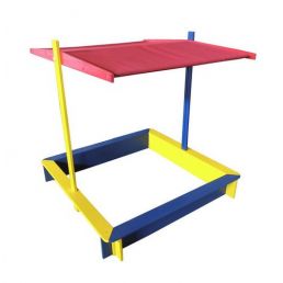 A colorful sandbox with a roof, measuring 120x120 cm. It features a red roof and a blue and yellow frame.