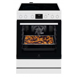 Vit glaskeramikspis Electrolux LKR64022AW med fyra kokzoner och en stor ugnsdörr med glas, innehållandes bakverk.