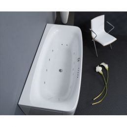 A white massage bathtub equipped with multiple jets and a faucet, positioned on a grey floor next to a white stool.