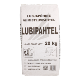 Cementbaserad, grå Uninaks Tulekaitseplaat i en 20 kg påse. Etiketten innehåller instruktioner och vikt.
