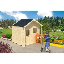 A small wooden playhouse for children in the garden, measuring 2.3 m², with a traditional design, double doors and windows.