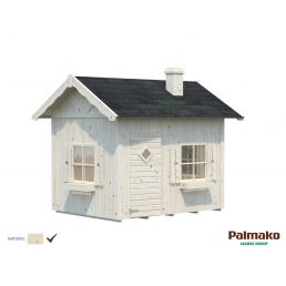 Small wooden playhouse Grete, 3.7 m², white with two small windows and a black roof.