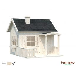 White wooden playhouse, 3.6 m², featuring a porch, windows, and a chimney.