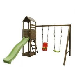 Brown and green playground set featuring a tower, slide, and two swings.