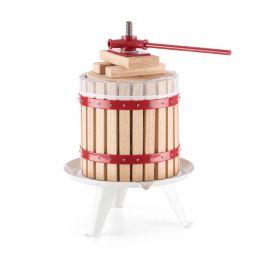30-liter wooden fruit press with red metal accents, white stand, and a handle for pressing juice.