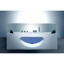White Blue Lagoon massage bathtub, featuring a modern design with LED lighting, designed for multiple users.