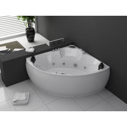 Valge nurgavann 'White Coral' sisaldab sisseehitatud massaažidüüse ja kaasaegset disaini, mille paremal küljel on tume tööpind ja kõrge must lillepott.