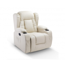 Beež massaažitool, millel on pehme polsterdus ja mugavad käetoed, varustatud joogitopside hoidikutega.