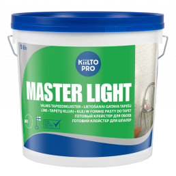 5 litran ämpäri Master Light paperitapettiliimaa, sinisellä ja vihreällä etiketillä, jossa on kuva rakennustyömaasta.